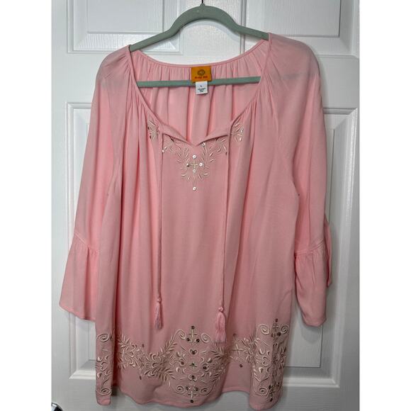 Ruby Rd. Pink Embroidered Boho Peasant Top – Size L - Picture 1 of 9